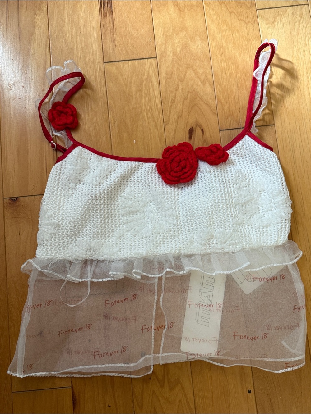 White Knit Bandeau Crop Top with Red Rose Trim